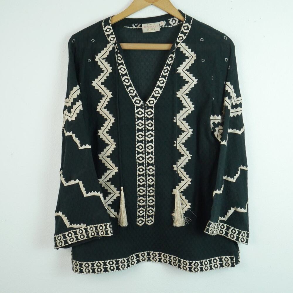 Rungolee Small Embroidered Blouse Peasant Top Black Tassel Boho Lightweight
